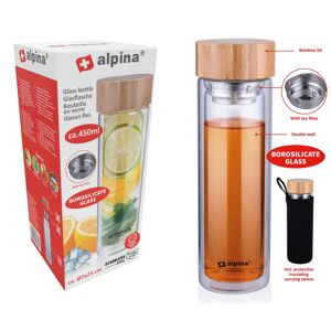 Alpina Skleněná láhev na cesty s dvojitou stěnou a čajovým filtrem, 450 ml