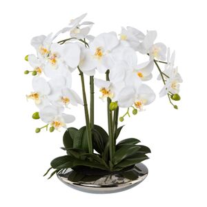 Gasper Umělá orchidej v keramické stříbrné misce, 41 cm, bílá